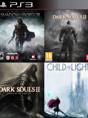 4 Juegos en 1 Middle earth Shadow of Mordor Legion Edition Mas Dark Souls II Mas DARK SOULS II Scholar of the First Sin Mas Child of Light PS3